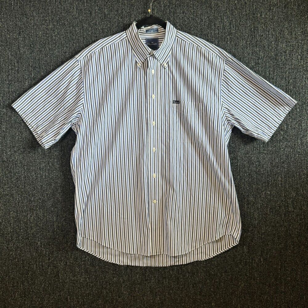 Façonnable Men's XL Short Sleeve Striped Button Down Shirt Blue White Tan Cotton